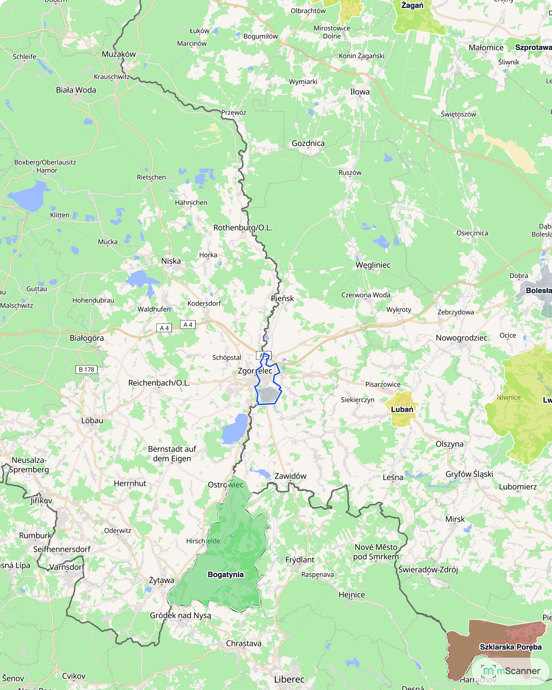 Mapa cen transakcyjnych mieszkań na zachodzie Dolnego Śląska, z niebieskim obrysem granic i kolorowanymi obszarami cen.