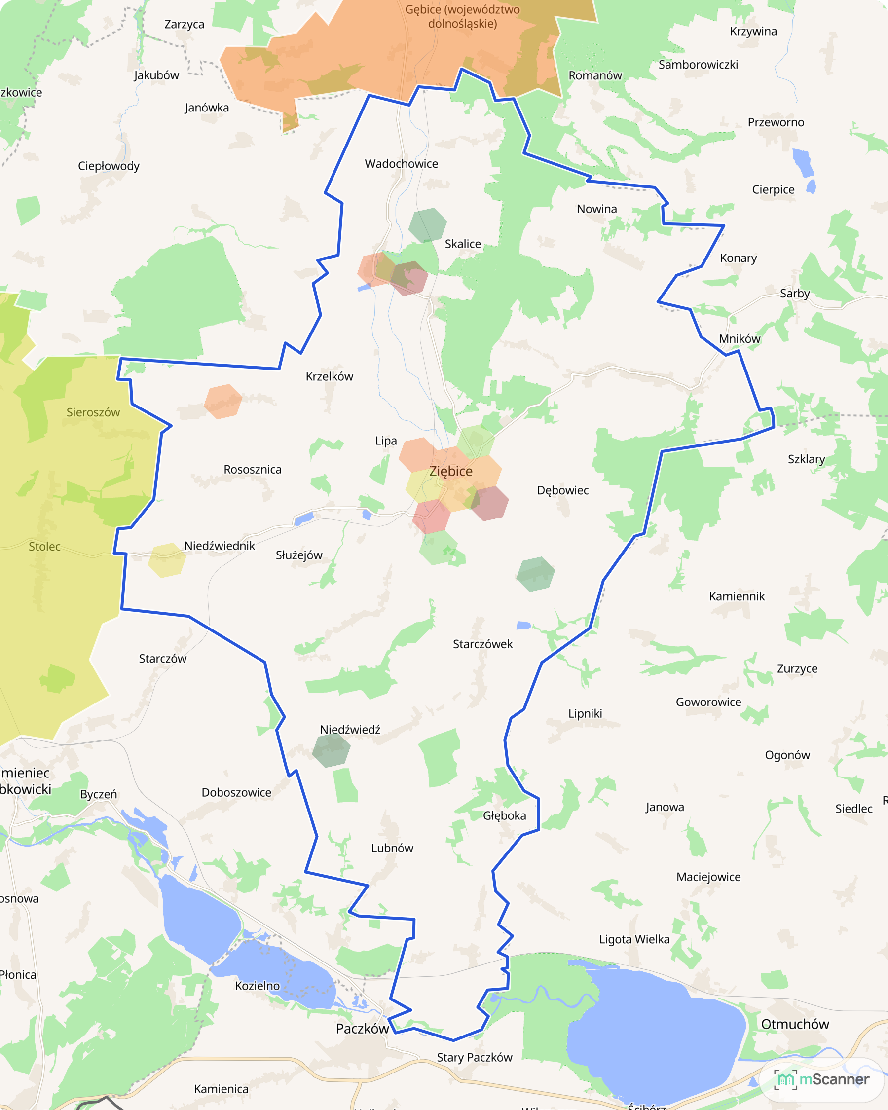 Mapa cen transakcyjnych mieszkań w gminie Ziębice, z niebieskim obrysem granic i kolorowanymi obszarami cen.