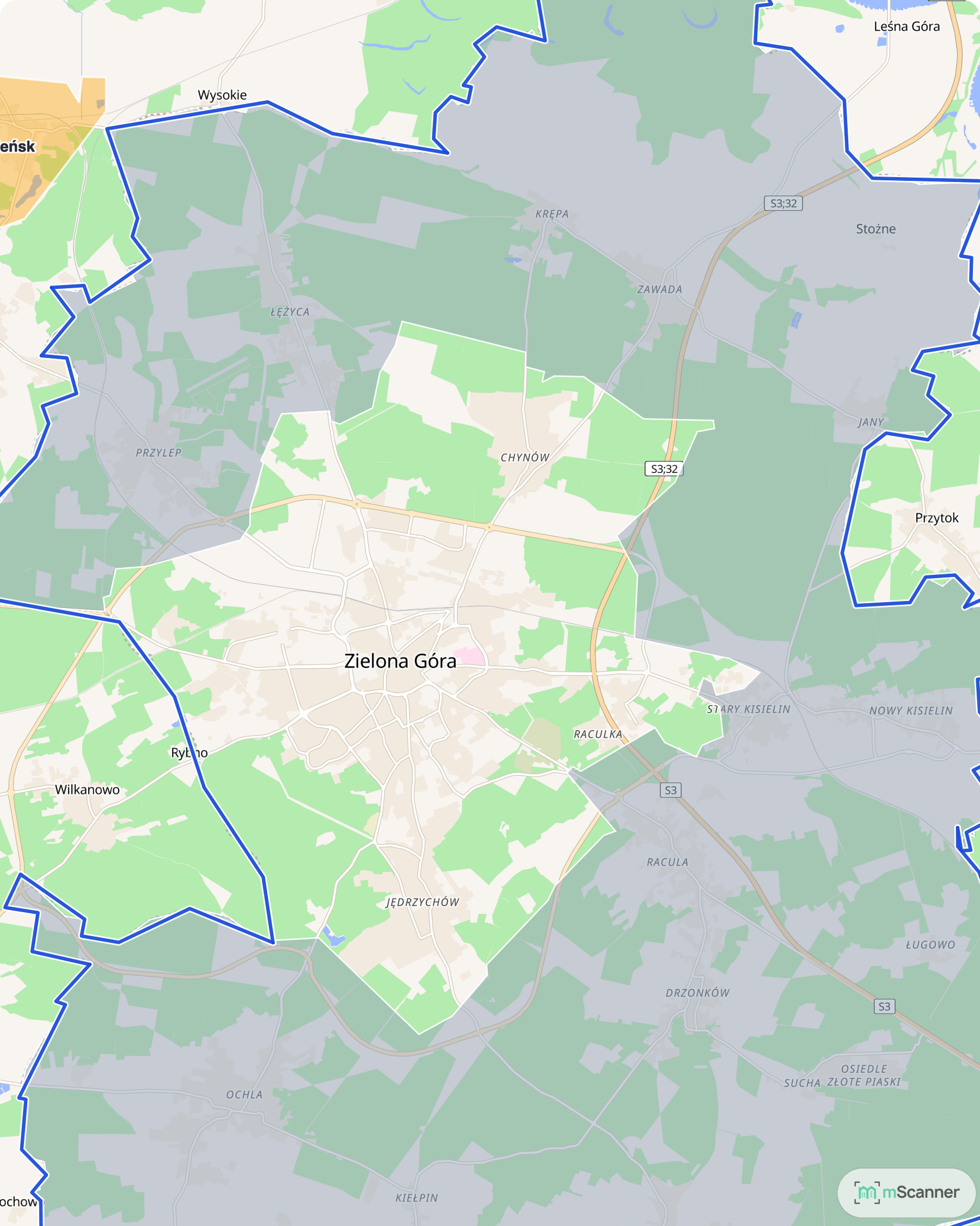Mapa cen transakcyjnych mieszkań w Zielonej Górze, z niebieskim obrysem granic gminy i kolorowanymi polami cen w dzielnicach miasta.