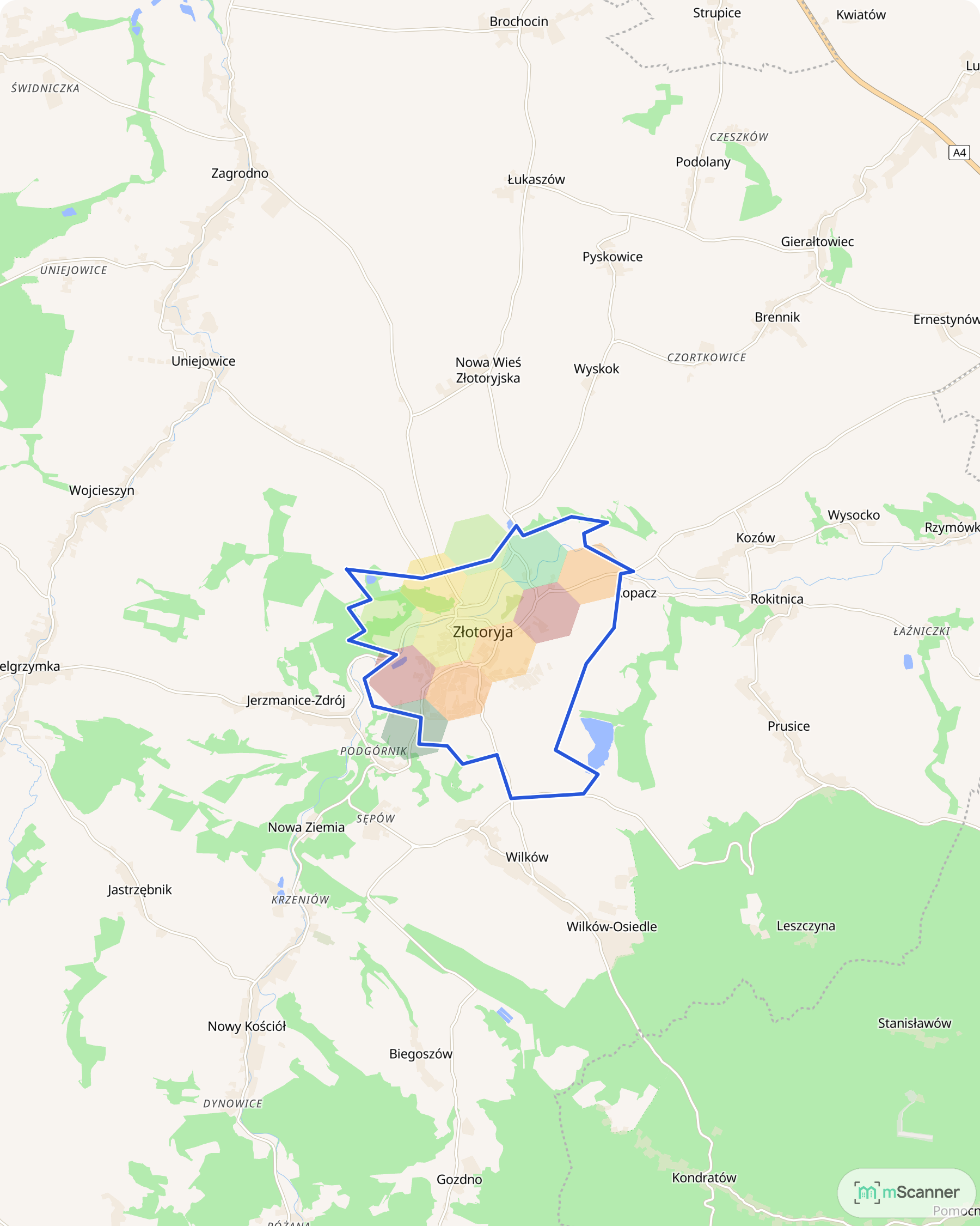 Mapa cen transakcyjnych mieszkań w Złotoryi, z niebieskim obrysem granic i kolorowanymi obszarami cen.